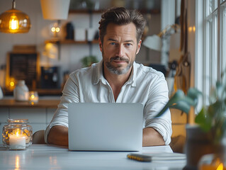 Fototapeta premium Startup owner in a minimalist, white office, deep focus on a laptop.