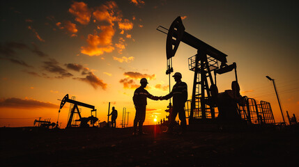 Silhouette of two engineers handshaking and making corporate contract outside in front of oil pump. People in helmets working in field at the oil.