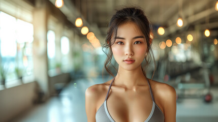 athletic asian girl shaped abdominal, fitness woman.