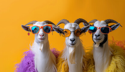 Obraz premium Three goats wearing sunglasses and necklaces are posing for a photo. The goats are wearing different colored outfits. goats in sunglasses on an orange background, in the style of fashion photography