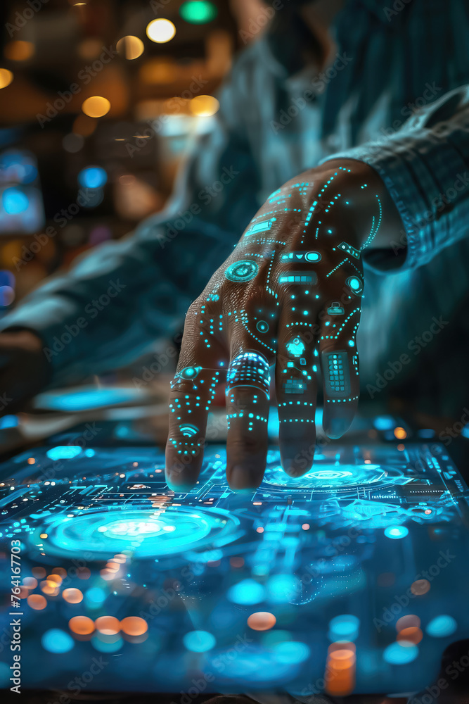 Aufkleber focused man engaging with futuristic virtual network interface on a digital tablet