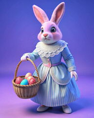 Easter bunny in a blue festive dress, holding a basket with Easter eggs.