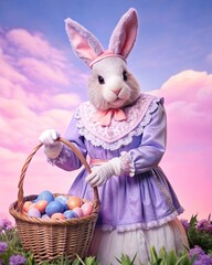 Easter bunny with an anthropomorphic appearance in a vintage dress, holding a basket with Easter eggs standing against a pink sky background.