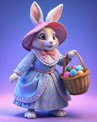 Easter bunny in a Victorian voluminous dress, wearing a pink hat, and with a basket full of colorful Easter eggs.