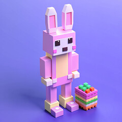 A character in the form of a simple plastic toy constructor that looks like a pink rabbit.