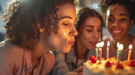 A group of women gathered around a birthday cake, blowing out the candles with smiles on their faces. The candles flicker as they extinguish, marking a joyous celebration.