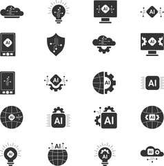 Artificial Intelligence flat icons set black and white color. Vector illustration modern style icons of AI technology and possibilities.
