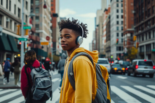 afroamerican teenage boy with wireless headphones listening to music is crossing a street.