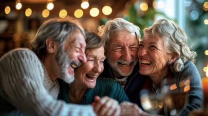 A group of elderly individuals gather together, holding up a mobile phone to take a self-portrait photograph of themselves.