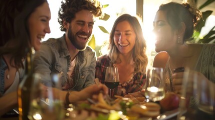 A diverse group of individuals sitting closely together at a dinner table, engaged in conversation and dining. The table is set with plates, glasses, and various dishes, creating a warm and inviting a - obrazy, fototapety, plakaty