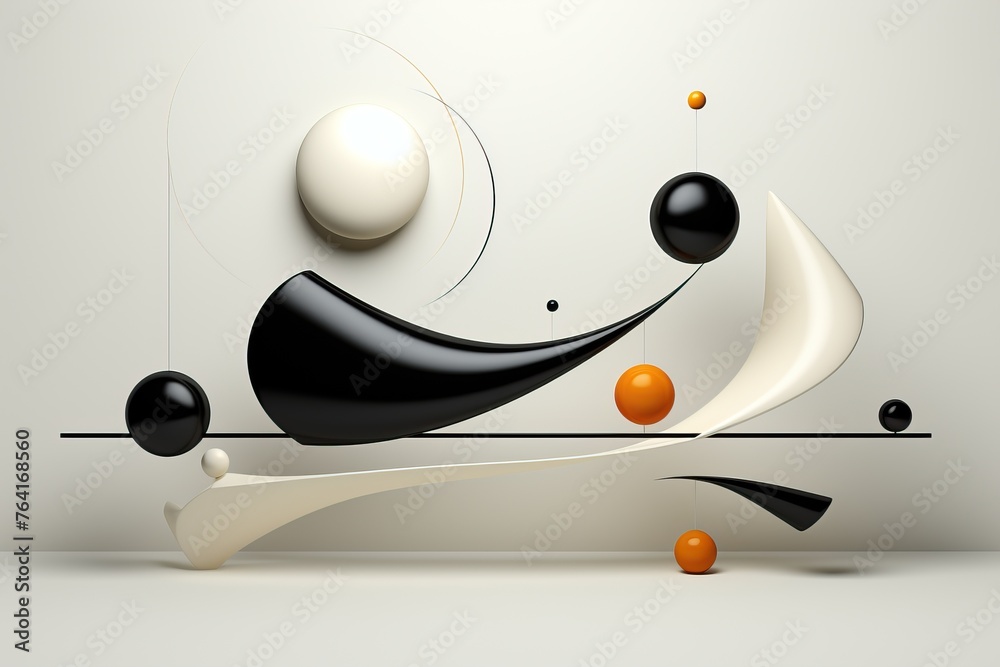 Wall mural Abstract 3d geometric composition, black and white shapes, balls and spheres on white background