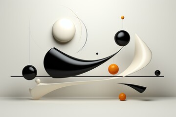 Abstract 3d geometric composition, black and white shapes, balls and spheres on white background