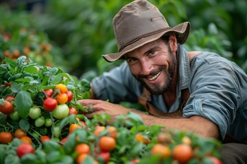A focused farmer is harvesting a fresh crop of ripe, red tomatoes, signifying sustainable agriculture and healthy living