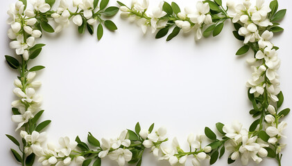 Mother day. Framed flowers isolated on white background top view. Snowdrops flower arrangements. Blooms for mom. Copy space. Wedding concept. Bride beautiful card. Birthday, Valentine day. Banner
