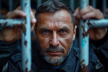 A gripping portrait of a man with intense eyes looking through rusty prison bars, conveying a strong emotion - obrazy, fototapety, plakaty