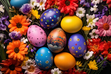 Generative AI picture bright graphics montage Easter holiday theme painted eggs bunny ears fresh tulips dinner decorations