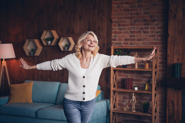 Photo portrait of lovely retired woman spread hands dance relax dressed casual outfit cozy home interior living room in brown warm color