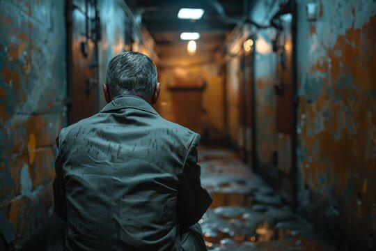 A back view of a person standing alone in a moody, dimly lit grungy corridor with peeling paint