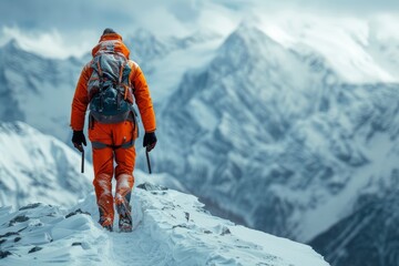 A lone mountaineer with bright orange gear braves a snowy mountain range, embodying determination and the spirit of adventure in harsh climates - obrazy, fototapety, plakaty