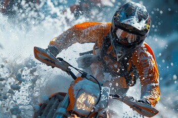 An action-packed image capturing a motocross rider as they race through water, with dramatic splashes and intense colors