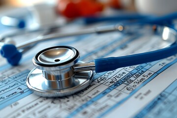 Detailed close-up of a medical stethoscope laid over crucial health documents and charts - obrazy, fototapety, plakaty