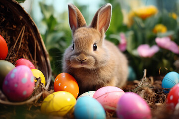Fototapeta na wymiar Funny Easter themed Generative AI illustration eggs bunny dinner celebration party nature atmosphere