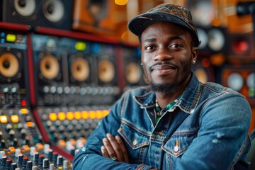 Relaxed and confident male music producer posing in a sound studio filled with equipment