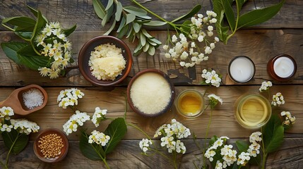 Create an image of the natural skin care ingredient Shea Butter. Cocoa Butter, Sea Body Thorn Oil And fractionated coconut oil sings wood. inside small flower - obrazy, fototapety, plakaty