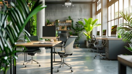 A contemporary office filled with a plethora of lush green plants, creating a fresh and vibrant workspace atmosphere. The plants are strategically placed throughout the office, adding a touch of natur