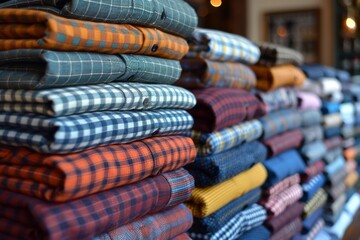 Crisp and neatly stacked plaid shirts showcasing pattern texture and fashion retail presentation