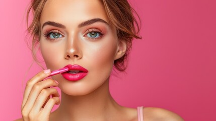 Close-up of sensual woman applying pink lipstick, beauty portrait with focus on luscious lips and makeup application against a vivid pink background - AI generated. - obrazy, fototapety, plakaty