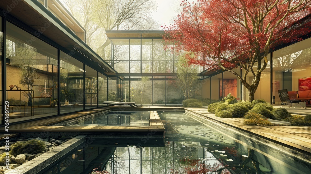 Poster generative ai courtyard with an l-shaped pool, modern architecture, glass walls, reflection of house