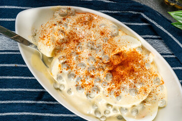 Boiled halvese egg with mayonnaise.