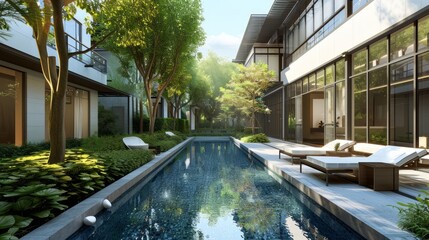 Generative AI Courtyard with a lap pool, fitness-oriented design, clean lines, serene setting, detailed and inviting illustration