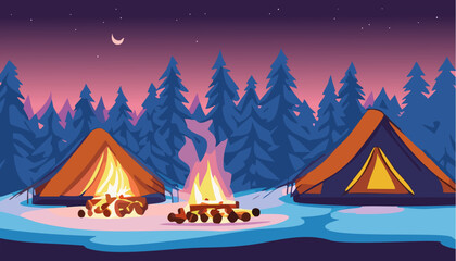 Camping and fire in the forest at night