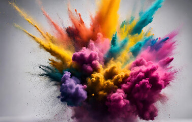 Abstract multicolored powder explosion on white backgroundcolorful dust explode painted holiday powder festival freeze motion of color powder explodingthrowing color powder on background

