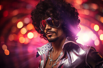 Generated with AI picture of a happy cheerful glamour e;elegant person enjoying the weekend in night club 70s 80s theme party