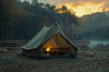 A serene autumnal setting featuring a canvas camping tent illuminated from inside amidst a tranquil forest at dusk - obrazy, fototapety, plakaty