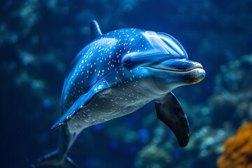 Captivating underwater shot of a dolphin with intricate patterns swimming gracefully among coral reefs