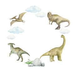 Watercolor circle frame with illustration of a dinosaurs and clouds, isolated. For children's room decor, wallpaper, textile © dakora