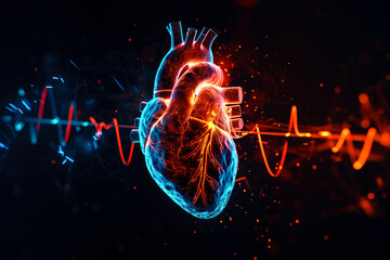 Digital 3D illustration of a human heart with blue digital red and blue cardiac pulse line.