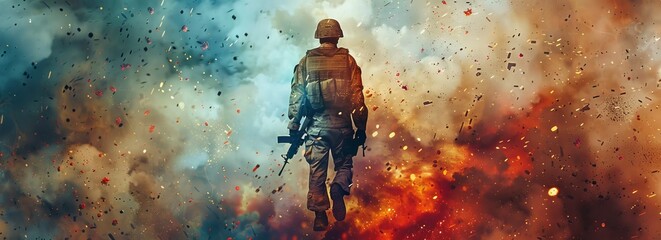 A soldier in uniform stands upright, facing a sky ablaze with fire. The fiery sky creates a dramatic backdrop, casting an intense glow over the soldiers figure. - obrazy, fototapety, plakaty