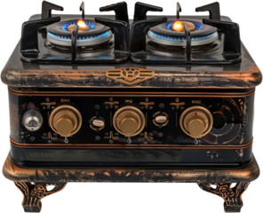 Vintage black and gold stove with elegant details, cut out transparent