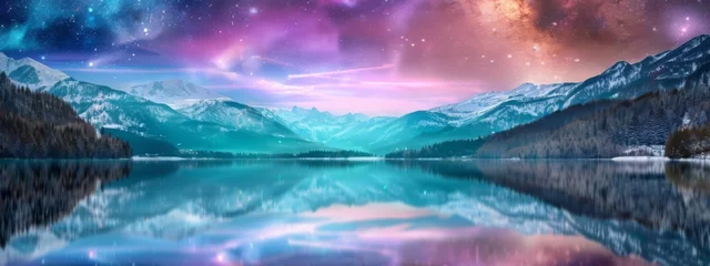 Foto auf Alu-Dibond Colorful northern lights over lake and snowy mountains. Fantasy panoramic winter landscape background with Aurora Borealis with starry in the night sky © JovialFox