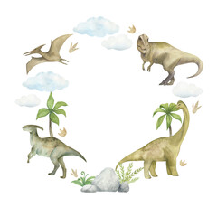 Watercolor circle frame with illustration of a dinosaurs and clouds, palm trees, isolated. For children's room decor, wallpaper, textile © dakora