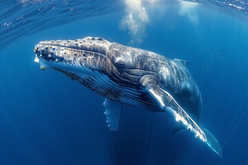 A stunning humpback whale captured in the clear blue ocean, showcasing its magnificent size and presence
