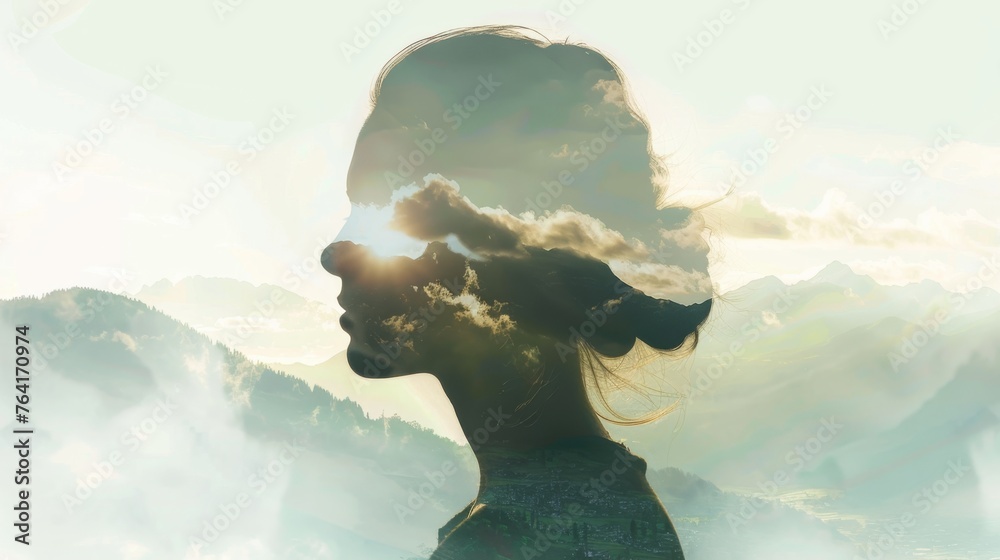 Poster a close-up of a womans face with billowing clouds in the background, creating a striking double expo