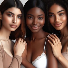 three women with different makeup are posing for a photo.