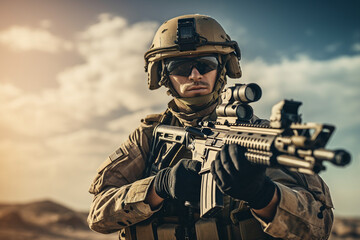 Fototapeta premium Young adult man soldier in uniform and helmet made with generative AI