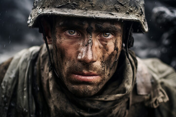 Generated with ai image close up portrait of an injured soldiers face after bomb explosion - obrazy, fototapety, plakaty
